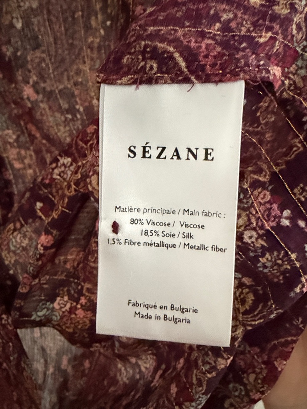 Sezane Ann Blouse in Folk Bordeaux Semi Sheer Burgundy Floral w Gold Threading - Picture 5 of 6